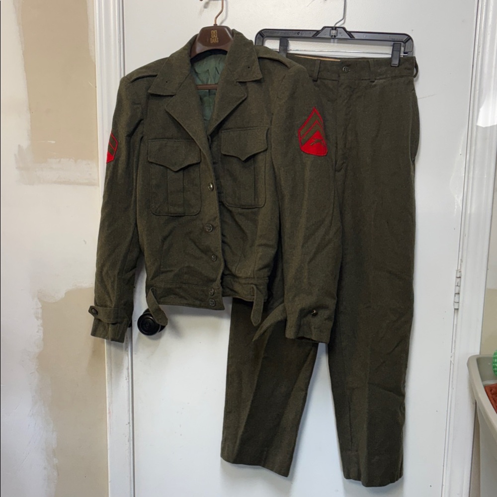 Olive Green Military-Style Wool Suit Jacket & Trousers by